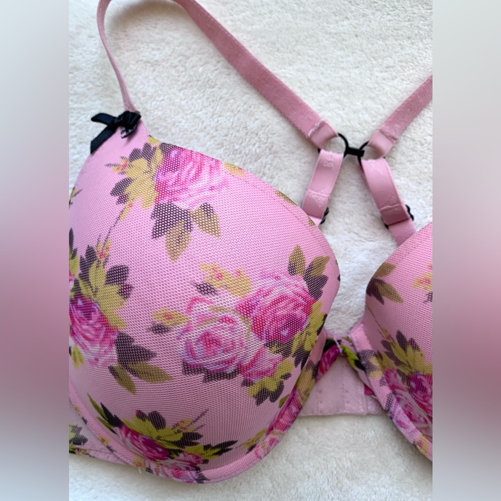 Betsey Johnson pink floral mesh push-up bra